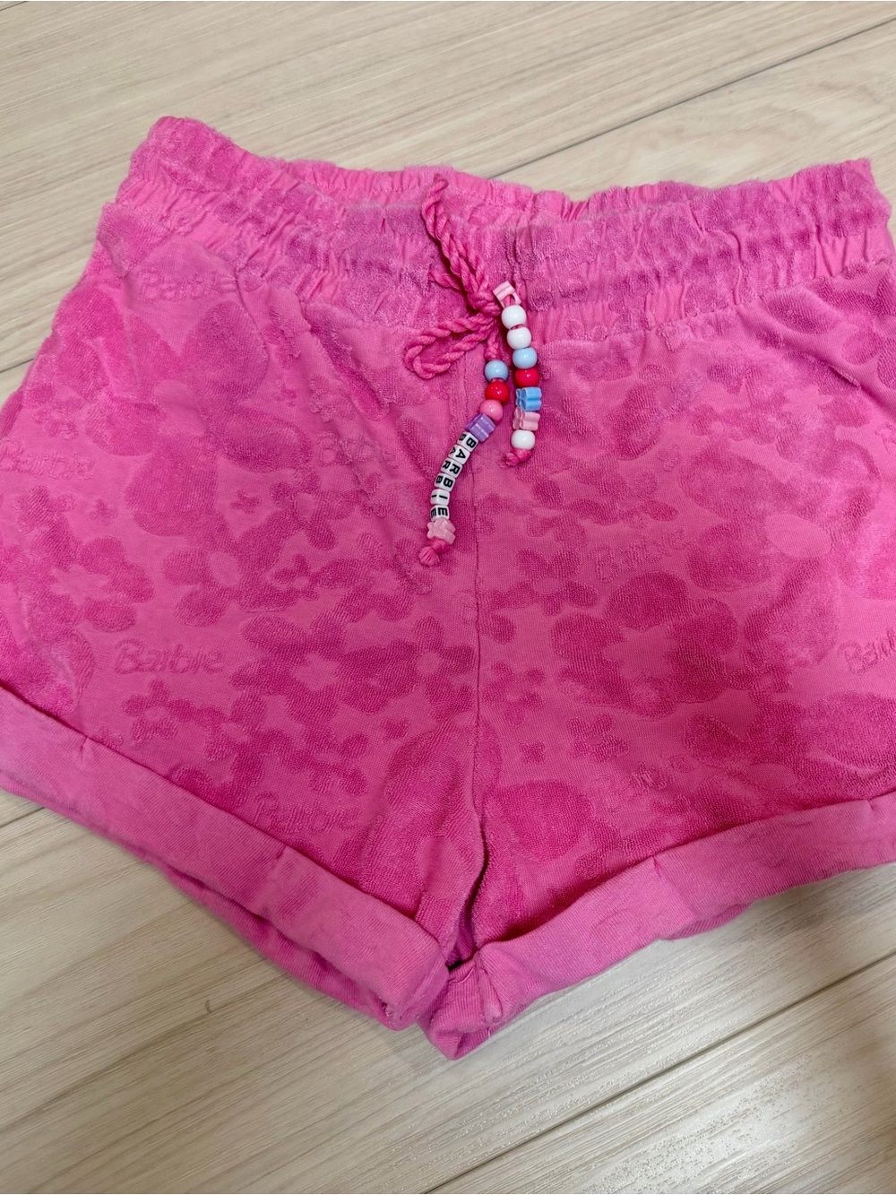 Barbie Hot Pink Embossed Shorts with Bead Drawstring